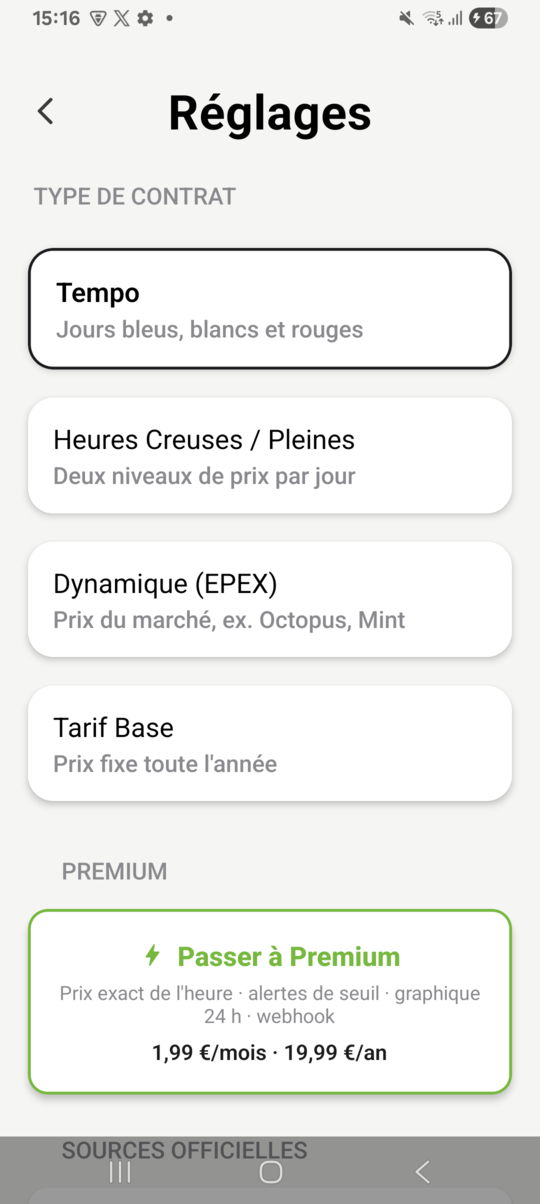 Réglages du contrat Tempo